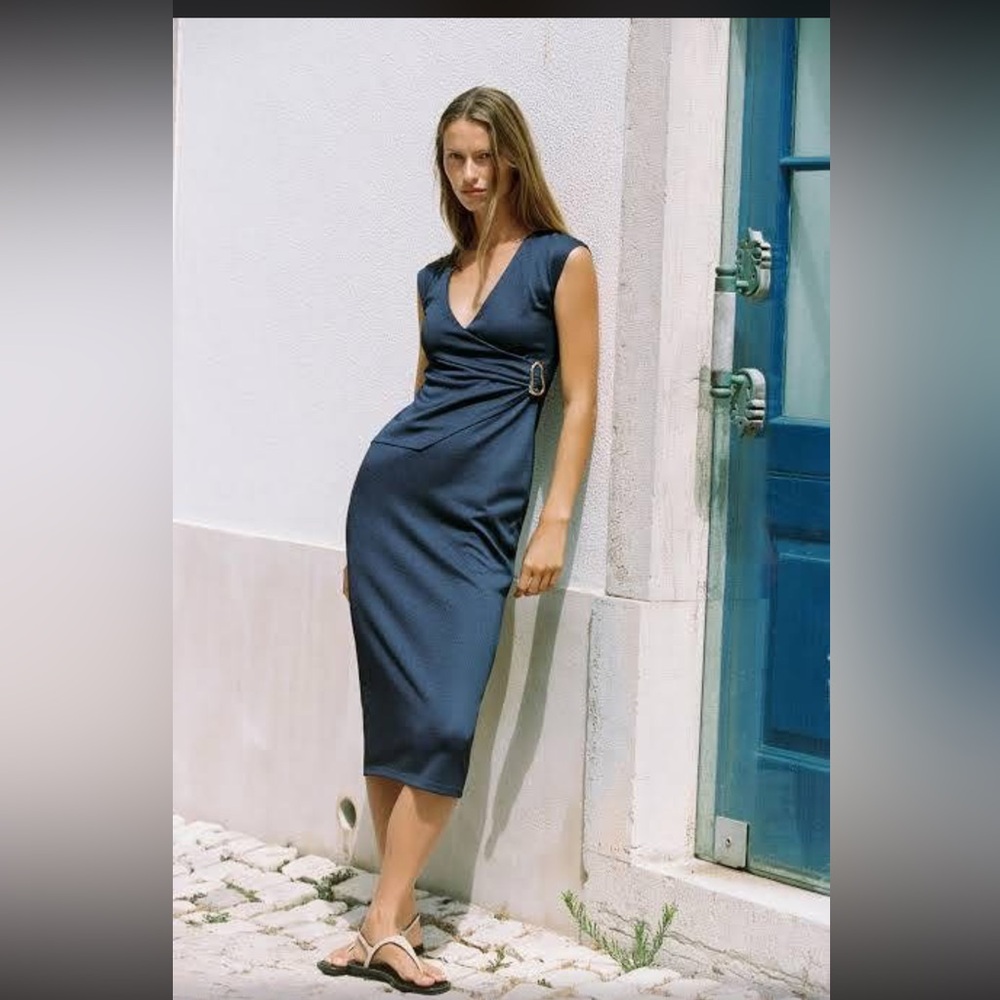 Zara Deep Blue V-Neck Midi Dress with Side Buckle